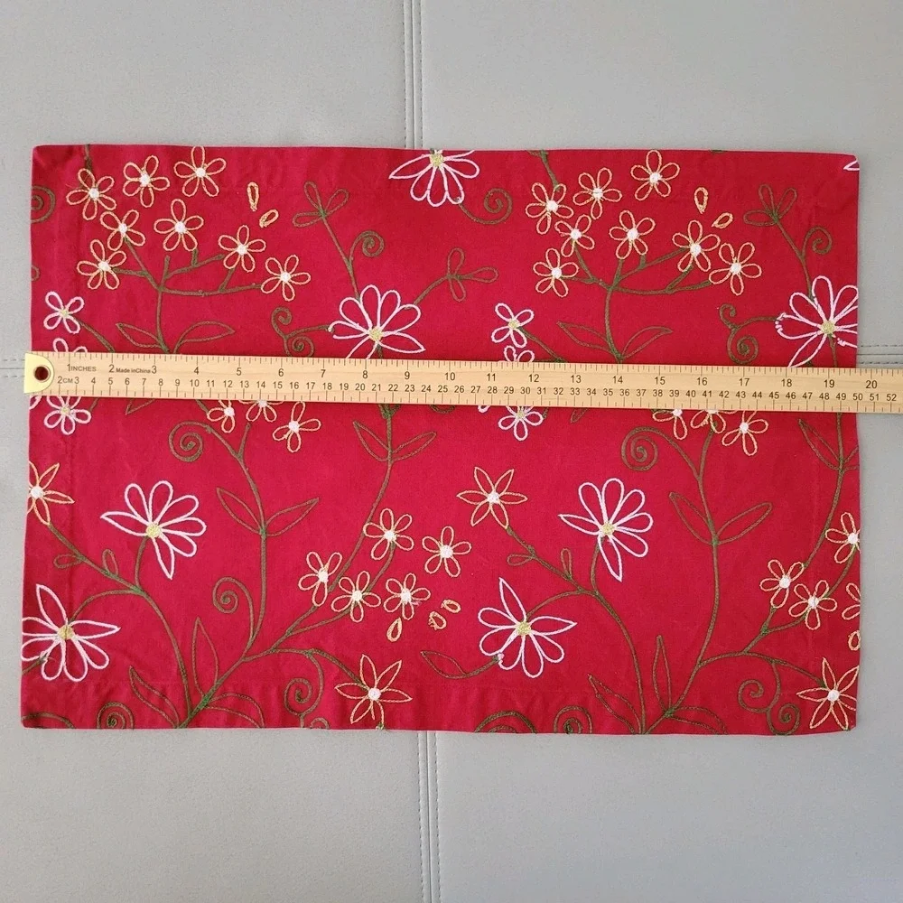 Crate Barrel Pergola Placemats Red Floral Green Gold White Embroidery Cotton 4Pc